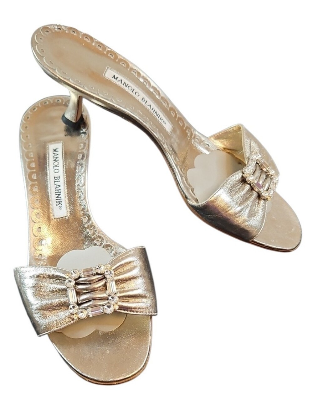 Manolo Blahnik Women's Metallic Gold Slide Sandals, Size 38.5, Made In Italy